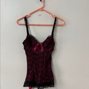 Women's Lace Cami with Bow Detail - Black & Deep Magenta 2012